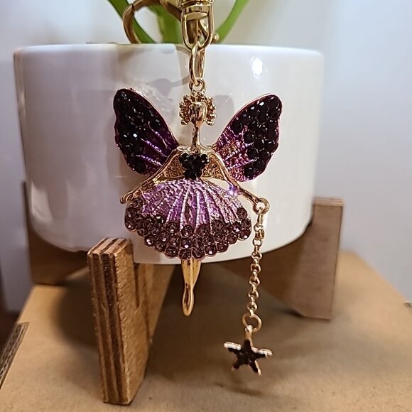 Rhinestone‎ Fairy Ballerina Keychain Purse Charm Gold Tone Purple Wings Star - Picture 1 of 4